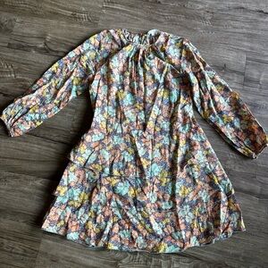 Veronica Beard cotton floral long sleeve high neck mini dress size 0 blue yellow